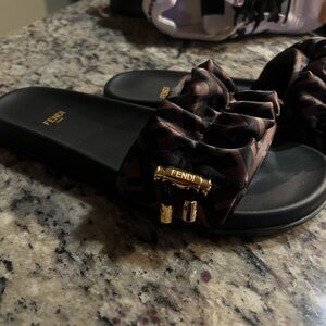 Fendi Black & Brown Monogram Bow Slide Sandals with Gold Hardware